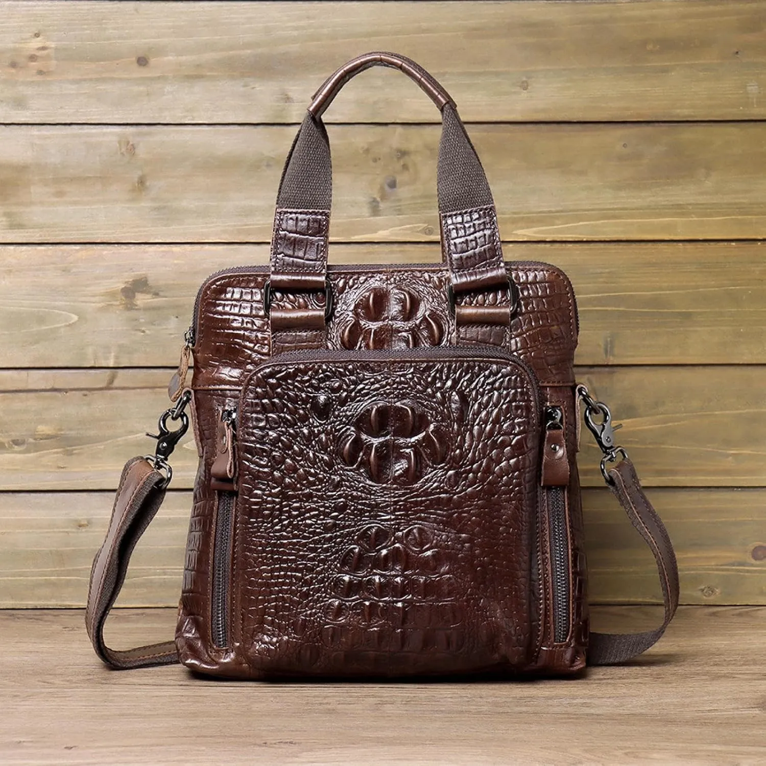 Embossed Crocodile Leather Men's Bag, Oily Wax Top Cowhide Tote, Vertical Shoulder Crossbody Bag