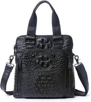 Embossed Crocodile Leather Men's Bag, Oily Wax Top Cowhide Tote, Vertical Shoulder Crossbody Bag