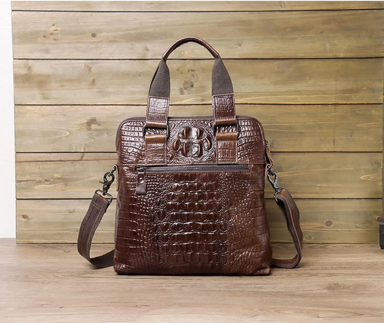 Embossed Crocodile Leather Men's Bag, Oily Wax Top Cowhide Tote, Vertical Shoulder Crossbody Bag