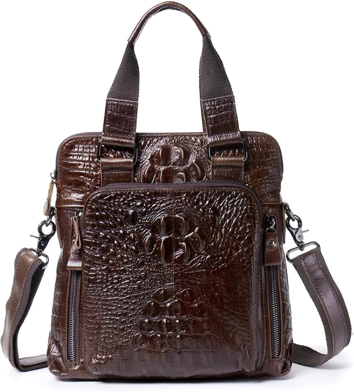 Embossed Crocodile Leather Men's Bag, Oily Wax Top Cowhide Tote, Vertical Shoulder Crossbody Bag