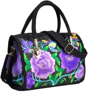 Ethnic Floral Embroidery Canvas Drum Bag Women's Handbag For Travel, Single Shoulder Crossbody, Handheld Embroidered