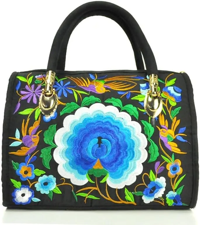 Ethnic Floral Embroidery Canvas Drum Bag Women's Handbag For Travel, Single Shoulder Crossbody, Handheld Embroidered