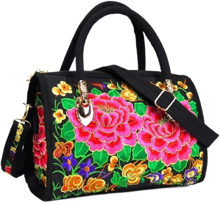 Ethnic Floral Embroidery Canvas Drum Bag Women's Handbag For Travel, Single Shoulder Crossbody, Handheld Embroidered