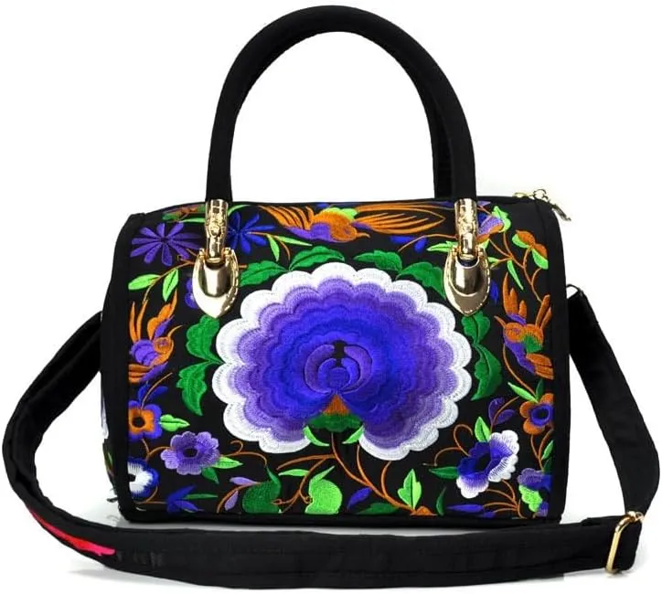 Ethnic Floral Embroidery Canvas Drum Bag Women's Handbag For Travel, Single Shoulder Crossbody, Handheld Embroidered