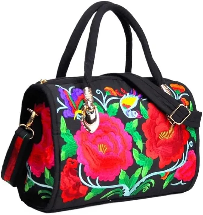 Ethnic Floral Embroidery Canvas Drum Bag Women's Handbag For Travel, Single Shoulder Crossbody, Handheld Embroidered