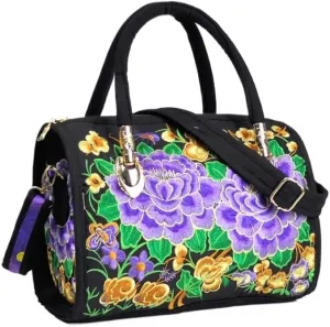 Ethnic Floral Embroidery Canvas Drum Bag Women's Handbag For Travel, Single Shoulder Crossbody, Handheld Embroidered