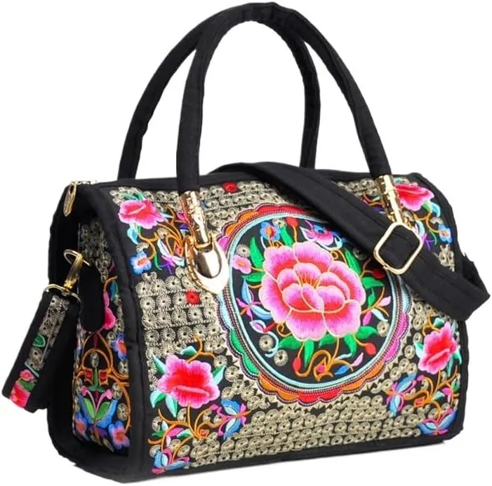 Ethnic Floral Embroidery Canvas Drum Bag Women's Handbag For Travel, Single Shoulder Crossbody, Handheld Embroidered
