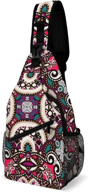 Ethnic Floral Paisley Crossbody Sling Backpack Vintage Flower Folk Sling Bag Adjustable Travel Hiking Chest Bags Daypack