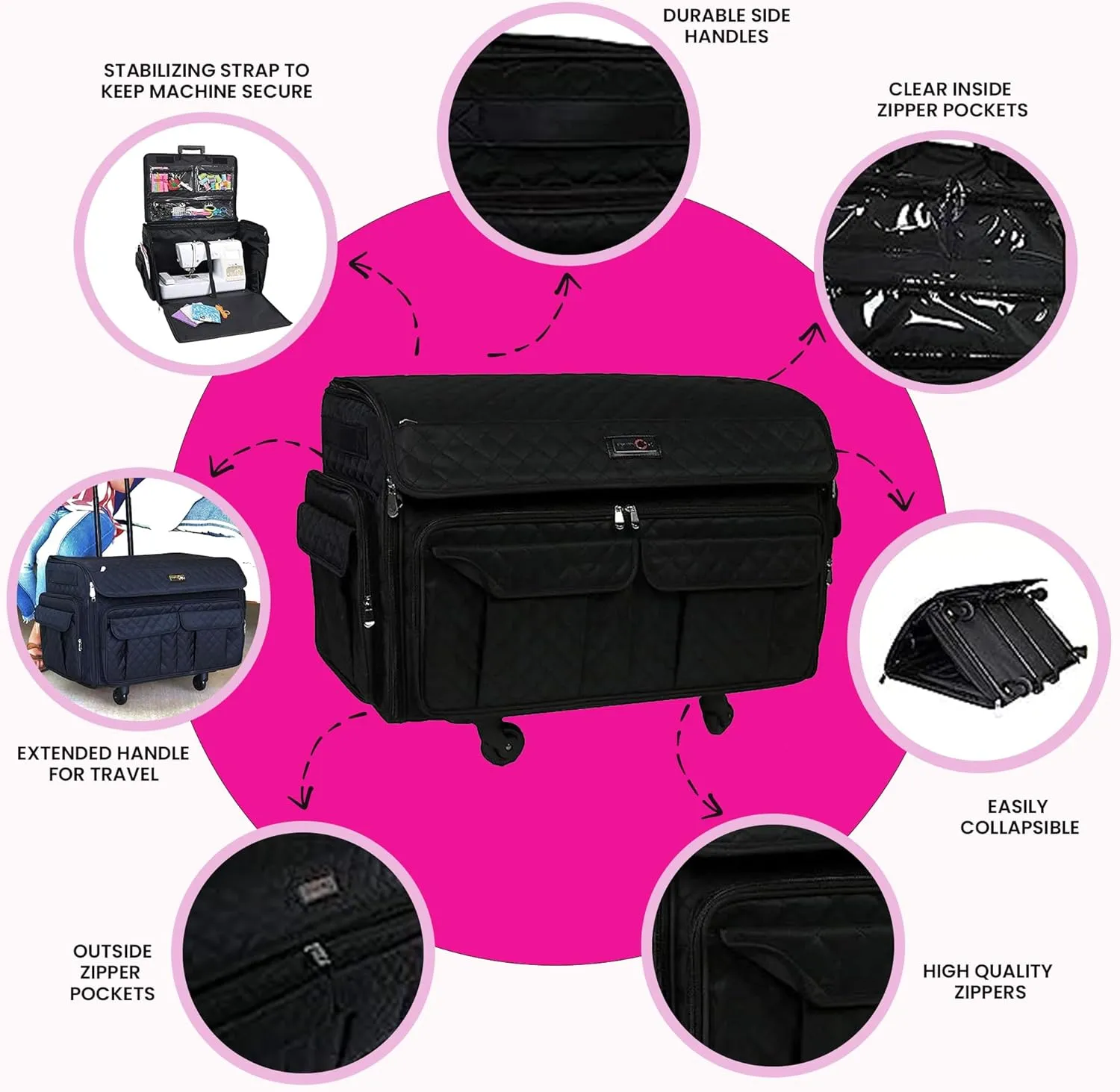 Everything Mary 4 Wheels XXL Collapsible Deluxe Sewing Machine Trolley, Black Quilted - Rolling Carrying Storage Case for Large Brother, Singer, & Bernina Machines - Universal Travel Tote Bag
