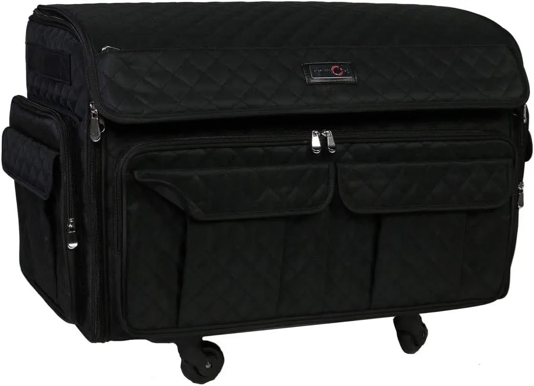 Everything Mary 4 Wheels XXL Collapsible Deluxe Sewing Machine Trolley, Black Quilted - Rolling Carrying Storage Case for Large Brother, Singer, & Bernina Machines - Universal Travel Tote Bag