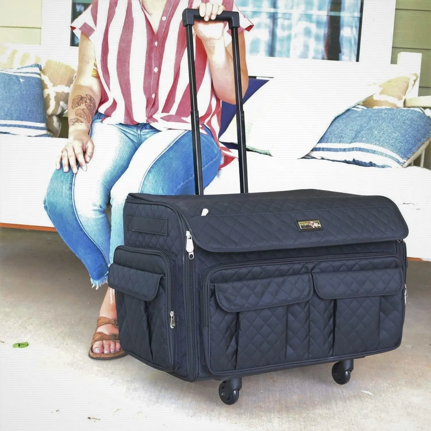 Everything Mary 4 Wheels XXL Collapsible Deluxe Sewing Machine Trolley, Black Quilted - Rolling Carrying Storage Case for Large Brother, Singer, & Bernina Machines - Universal Travel Tote Bag