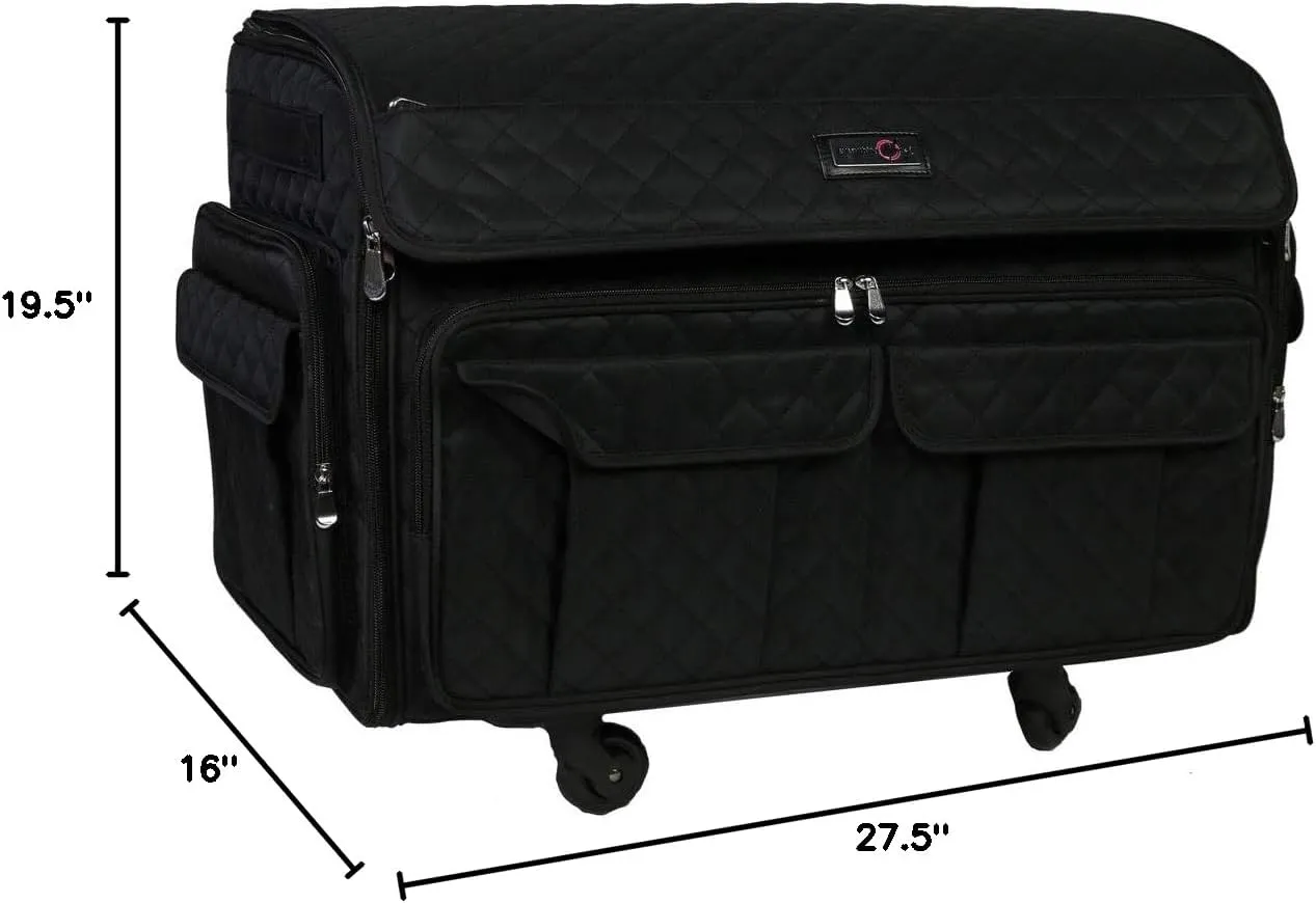 Everything Mary 4 Wheels XXL Collapsible Deluxe Sewing Machine Trolley, Black Quilted - Rolling Carrying Storage Case for Large Brother, Singer, & Bernina Machines - Universal Travel Tote Bag