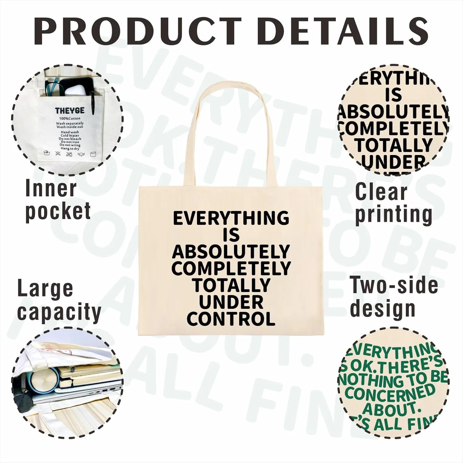 Everyting Is OK Tote Bag Large Tote Bag for Women Tote Handbag Cotton Tote Bag Reusable Grocery Bag Shopping Bag Beach Travel Bag Sports Gym Shoulder Bag Canvas Bag With Pocket