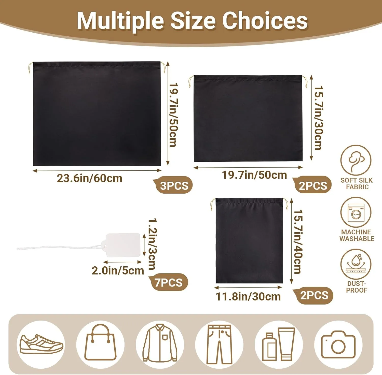Ewen 7Pcs Dust Bags for Handbags, Silk Cloth Bag with Drawstring, 2Pack 11.8x15.7in Storage for Shoes, 2Pcs 19.6x15.7in Dust Bag, Pack of 3 23.6x19.6in Bag for Purse, Black Satin Travel Storage Pouch