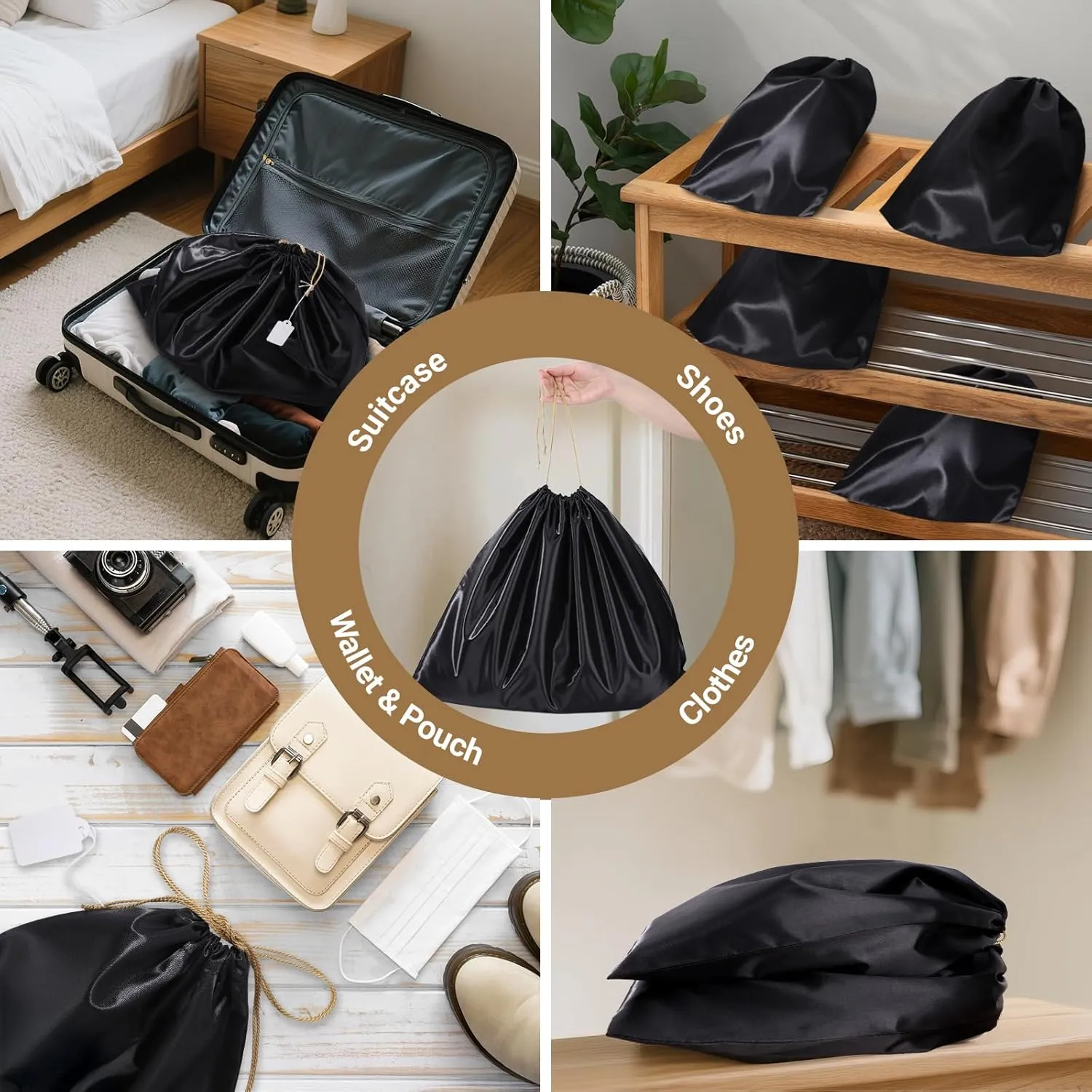 Ewen 7Pcs Dust Bags for Handbags, Silk Cloth Bag with Drawstring, 2Pack 11.8x15.7in Storage for Shoes, 2Pcs 19.6x15.7in Dust Bag, Pack of 3 23.6x19.6in Bag for Purse, Black Satin Travel Storage Pouch