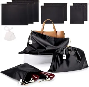 Ewen 7Pcs Dust Bags for Handbags, Silk Cloth Bag with Drawstring, 2Pack 11.8x15.7in Storage for Shoes, 2Pcs 19.6x15.7in Dust Bag, Pack of 3 23.6x19.6in Bag for Purse, Black Satin Travel Storage Pouch