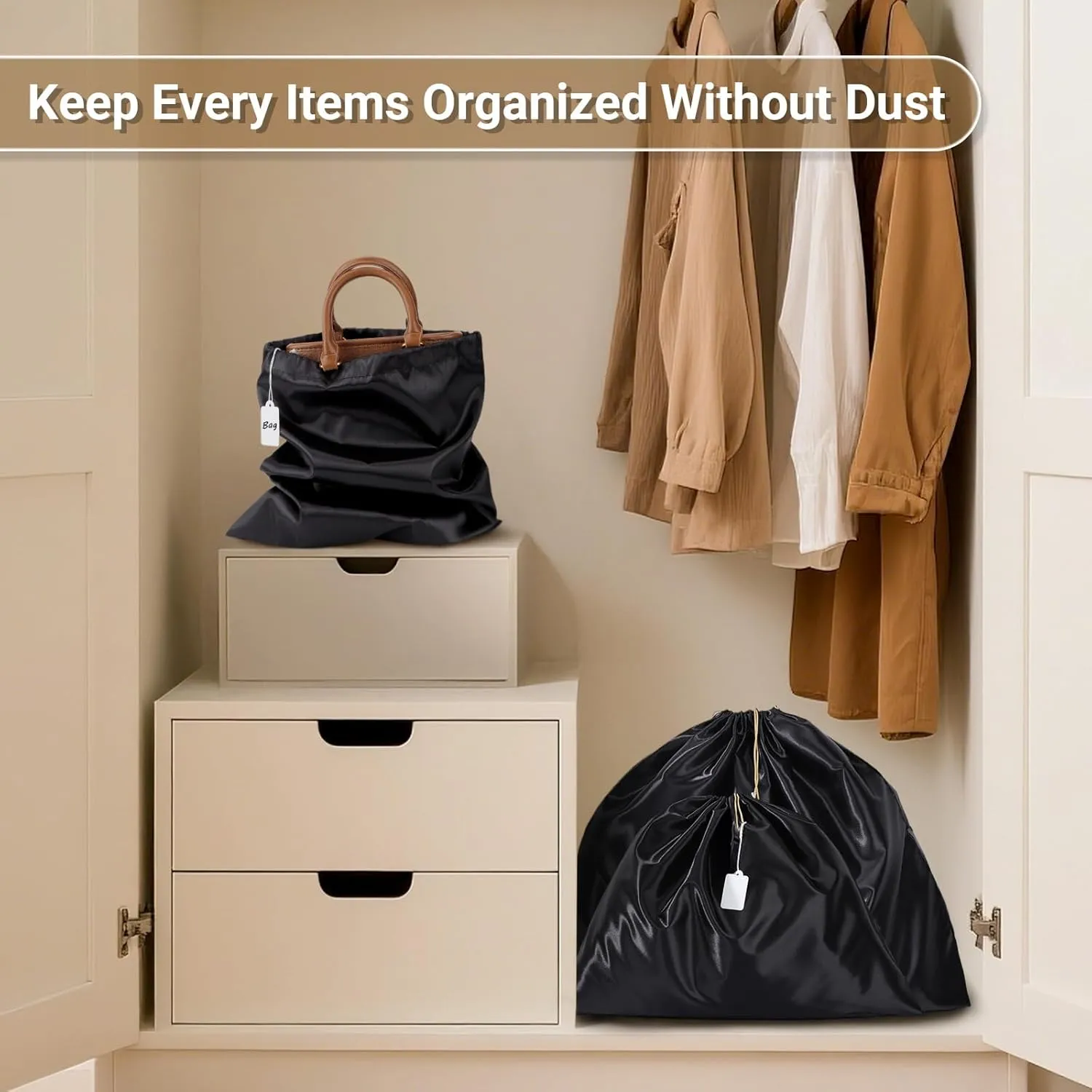 Ewen 7Pcs Dust Bags for Handbags, Silk Cloth Bag with Drawstring, 2Pack 11.8x15.7in Storage for Shoes, 2Pcs 19.6x15.7in Dust Bag, Pack of 3 23.6x19.6in Bag for Purse, Black Satin Travel Storage Pouch