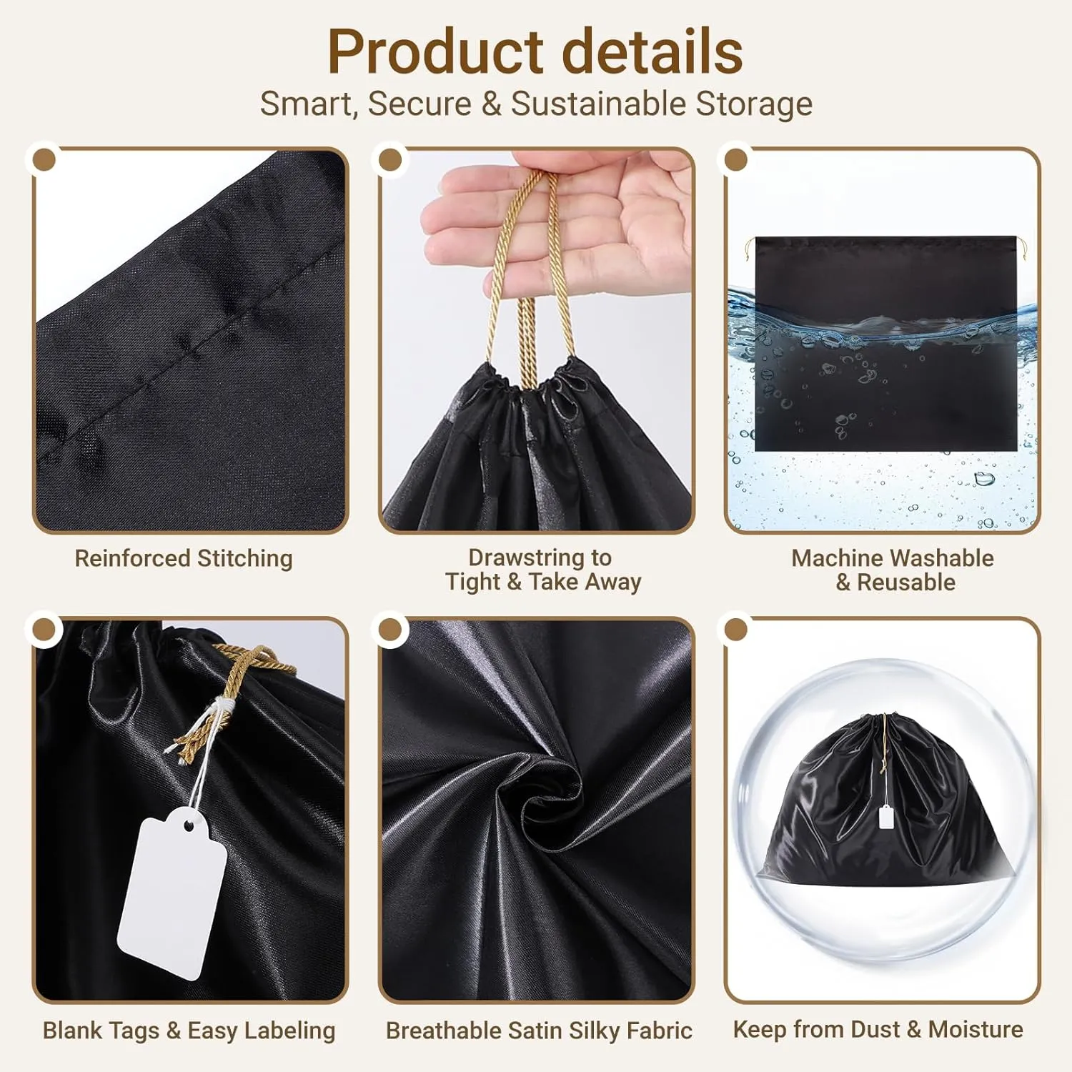 Ewen 7Pcs Dust Bags for Handbags, Silk Cloth Bag with Drawstring, 2Pack 11.8x15.7in Storage for Shoes, 2Pcs 19.6x15.7in Dust Bag, Pack of 3 23.6x19.6in Bag for Purse, Black Satin Travel Storage Pouch