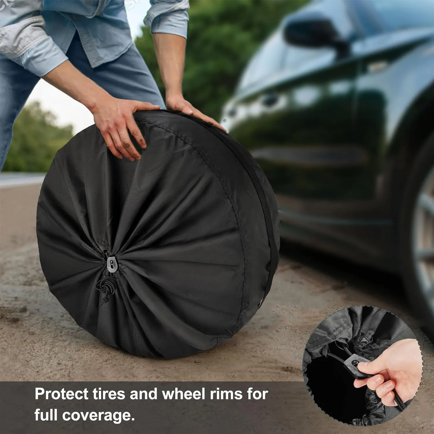 Explore Land Seasonal Tire Cover - Spare Tire Bag with Handle, Heavy Duty Winter Wheel Storage Tote Against Dust and Scratches, 4 Pack (Fits Diameters 23''-25.75'', Black)