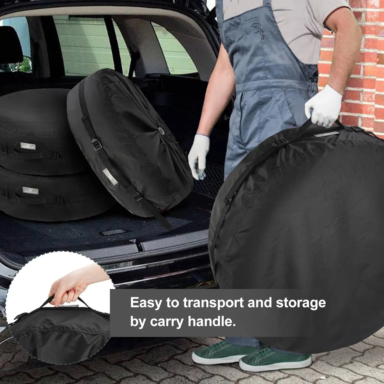 Explore Land Seasonal Tire Cover - Spare Tire Bag with Handle, Heavy Duty Winter Wheel Storage Tote Against Dust and Scratches, 4 Pack (Fits Diameters 23''-25.75'', Black)