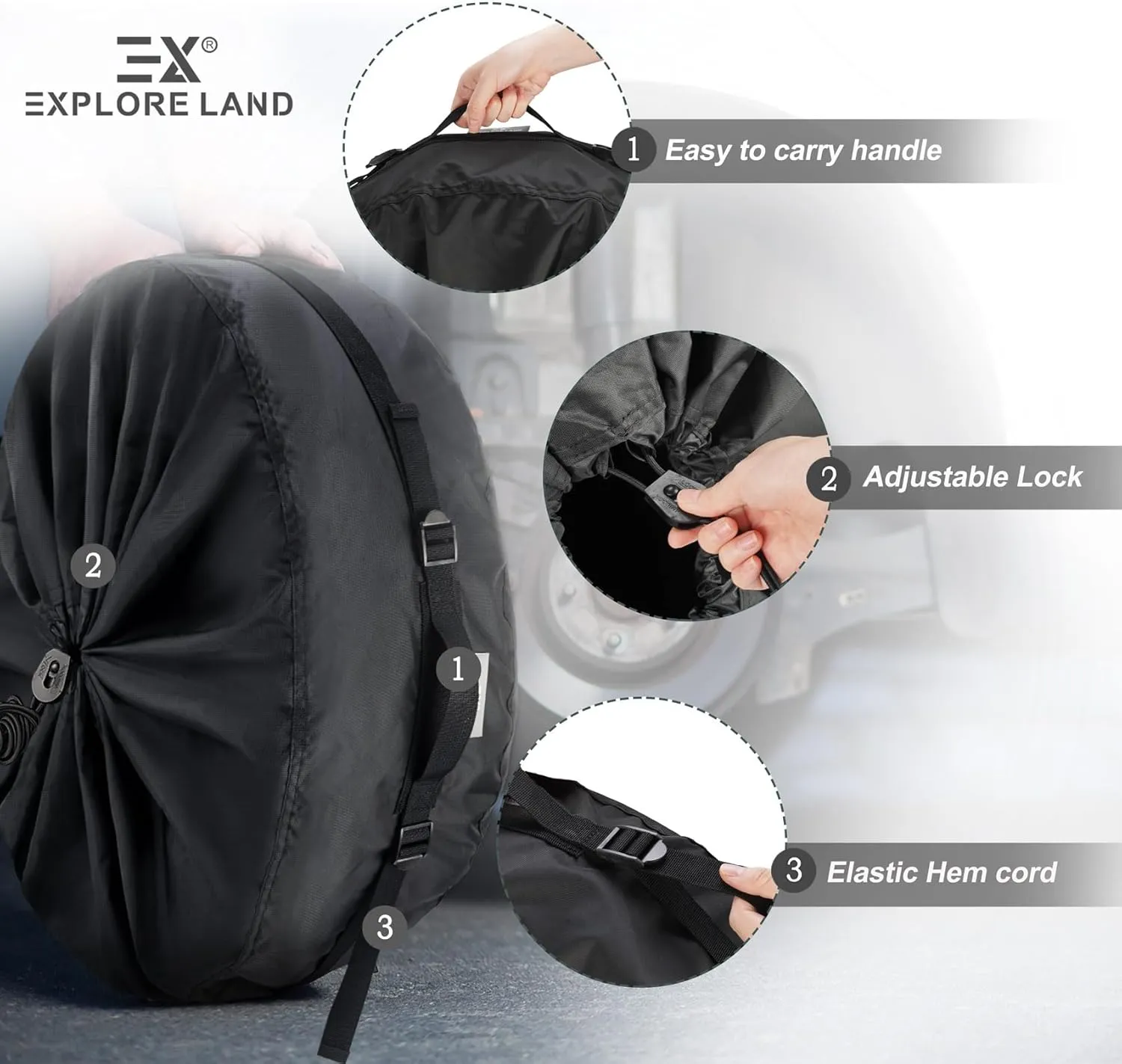 Explore Land Seasonal Tire Cover - Spare Tire Bag with Handle, Heavy Duty Winter Wheel Storage Tote Against Dust and Scratches, 4 Pack (Fits Diameters 23''-25.75'', Black)