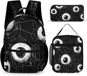 Eyeball on Spider Web Travel Backpack Lunch Box Pencil Case 3Pcs Set Makeup Bag for Men Women Office Outing University