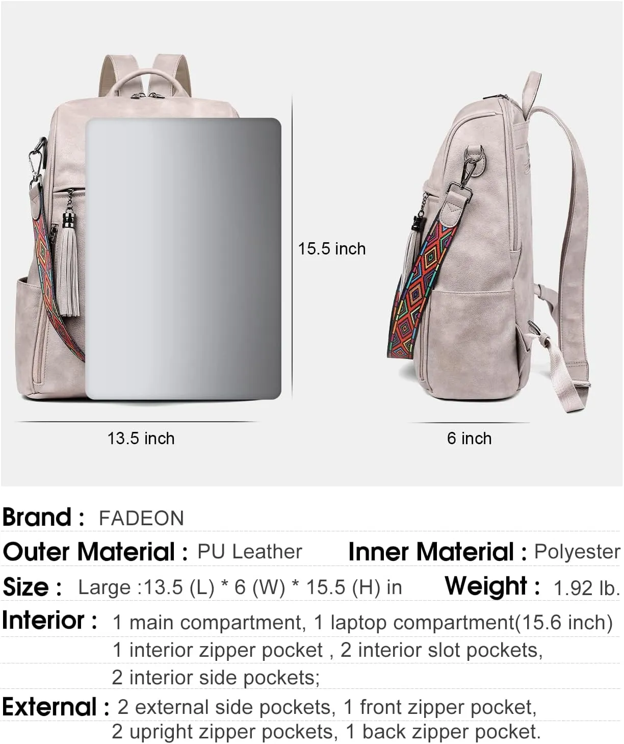 FADEON Laptop Backpack Purse for Women Large Designer PU Leather Laptop Bag, Ladies Computer Shoulder Bags
