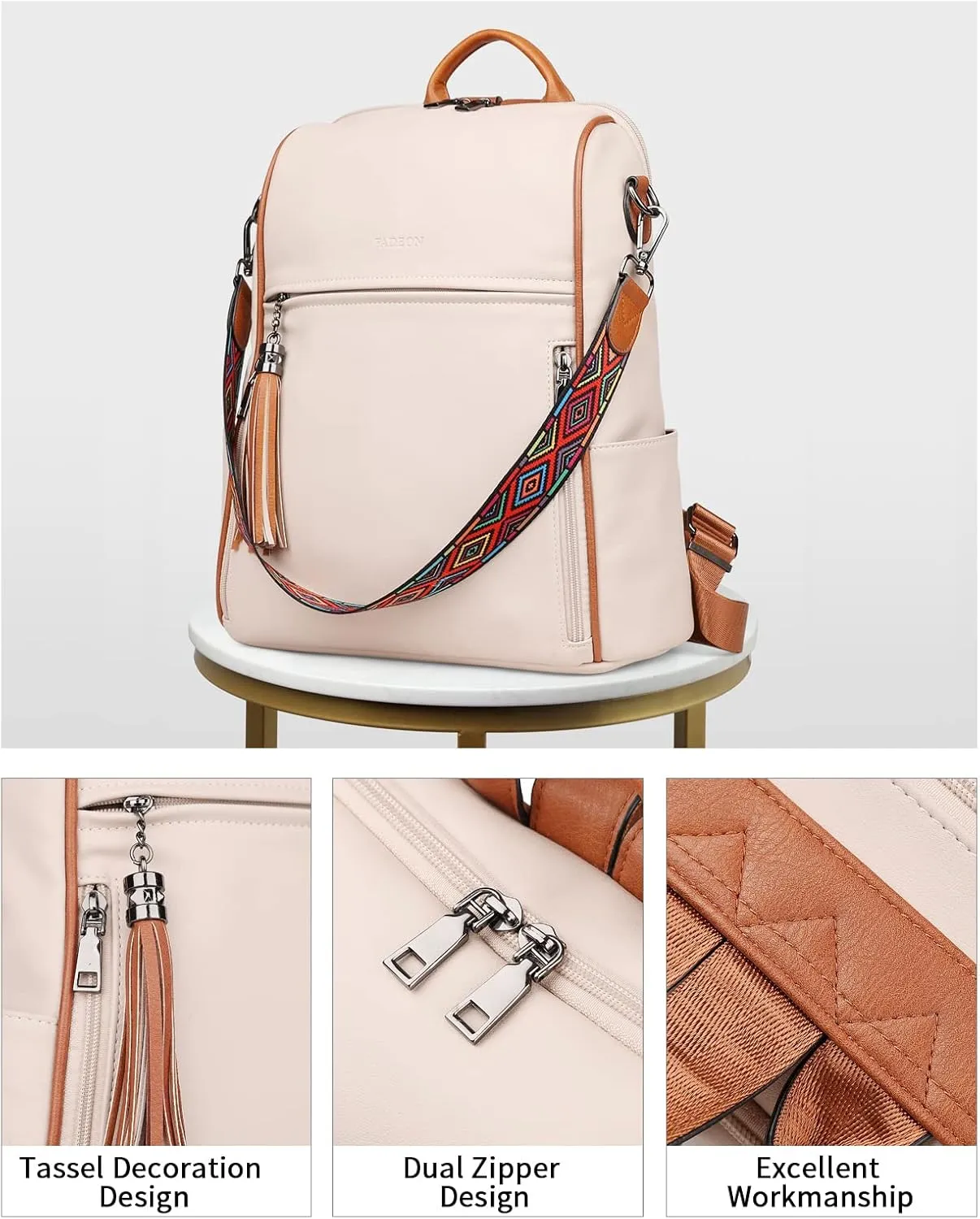 FADEON Leather Backpack Purse for Women Designer Travel Backpack Purses PU Fashion Ladies Shoulder Bag with Tassel
