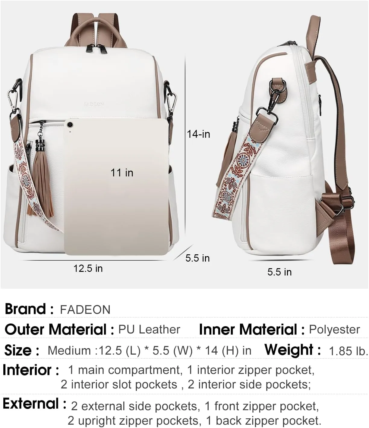 FADEON Leather Backpack Purse for Women Designer Travel Backpack Purses PU Fashion Ladies Shoulder Bag with Tassel