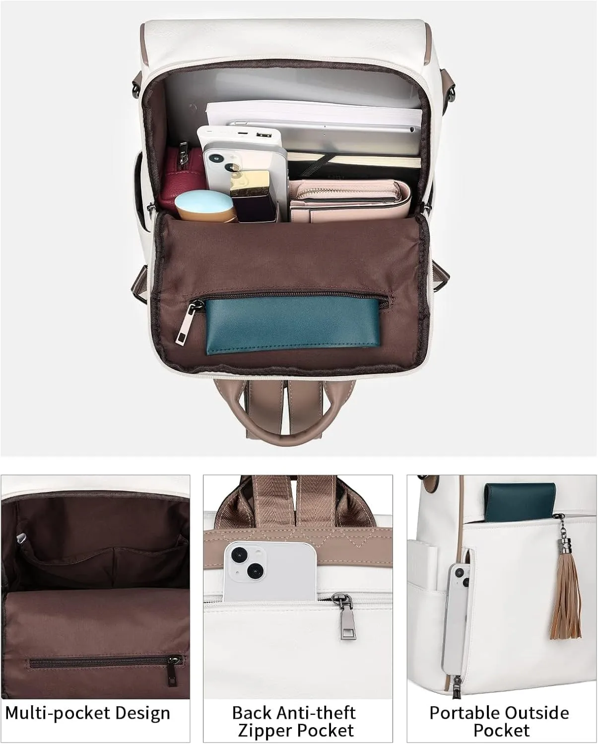 FADEON Leather Backpack Purse for Women Designer Travel Backpack Purses PU Fashion Ladies Shoulder Bag with Tassel