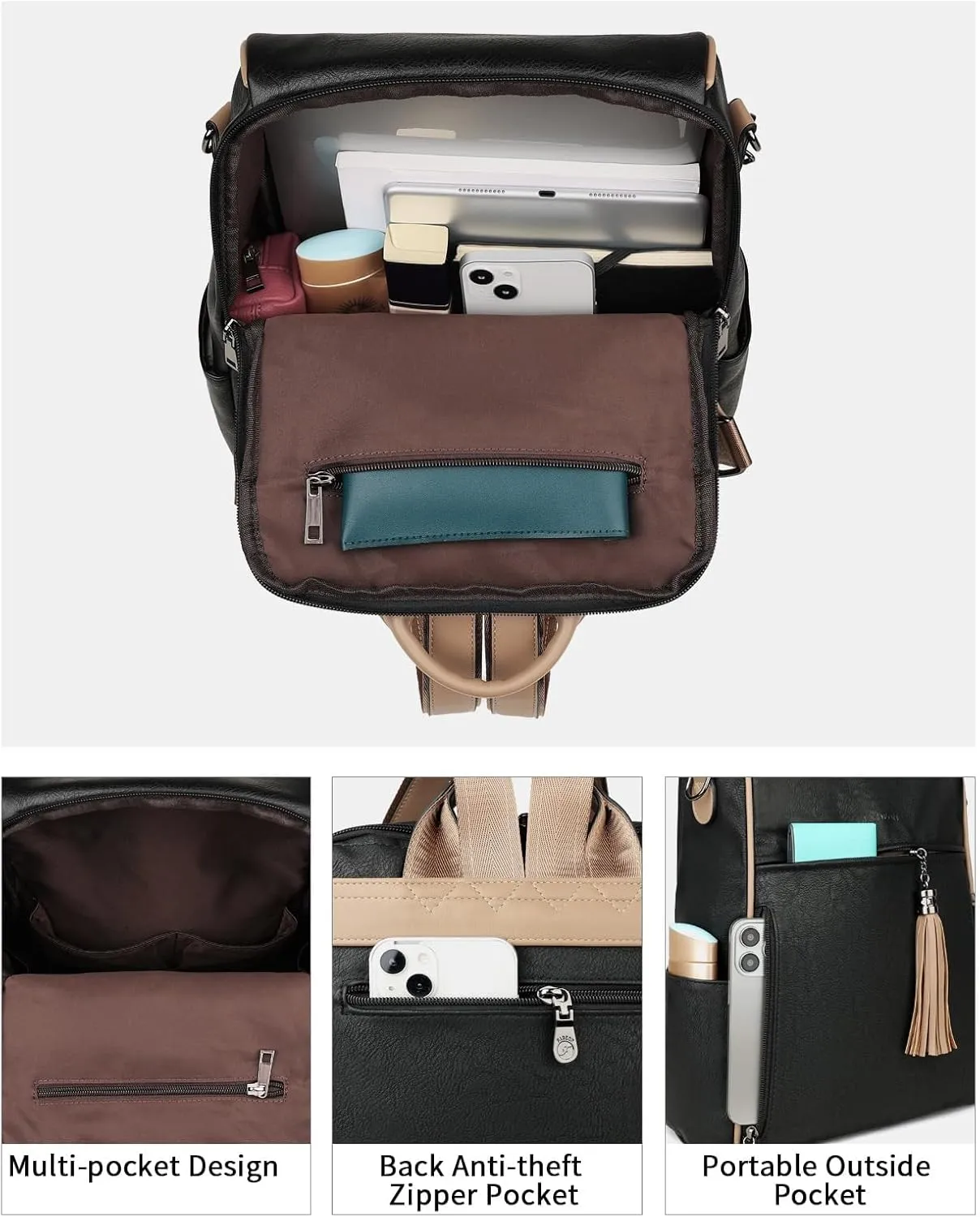 FADEON Leather Backpack Purse for Women Designer Travel Backpack Purses PU Fashion Ladies Shoulder Bag with Tassel