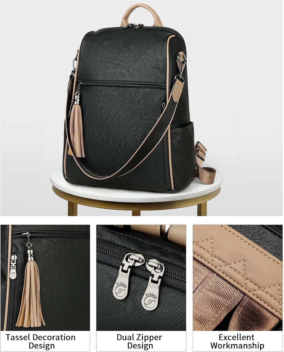 FADEON Leather Backpack Purse for Women Designer Travel Backpack Purses PU Fashion Ladies Shoulder Bag with Tassel