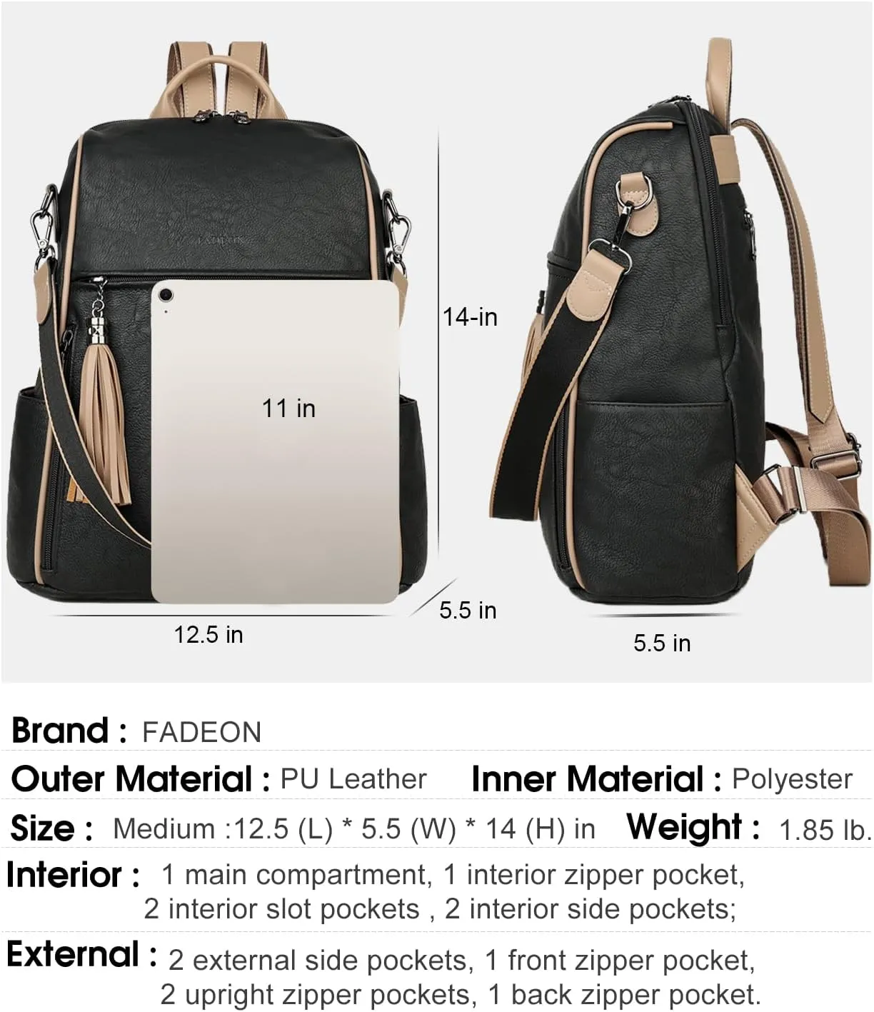 FADEON Leather Backpack Purse for Women Designer Travel Backpack Purses PU Fashion Ladies Shoulder Bag with Tassel