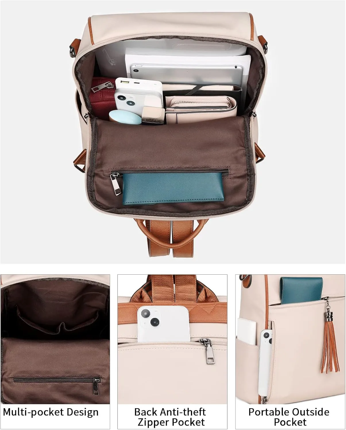 FADEON Leather Backpack Purse for Women Designer Travel Backpack Purses PU Fashion Ladies Shoulder Bag with Tassel