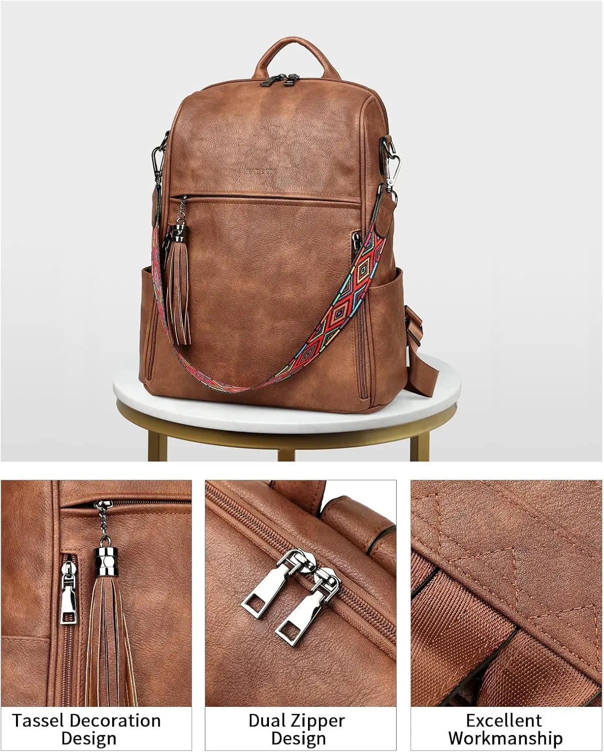 FADEON Leather Backpack Purse for Women Designer Travel Backpack Purses PU Fashion Ladies Shoulder Bag with Tassel