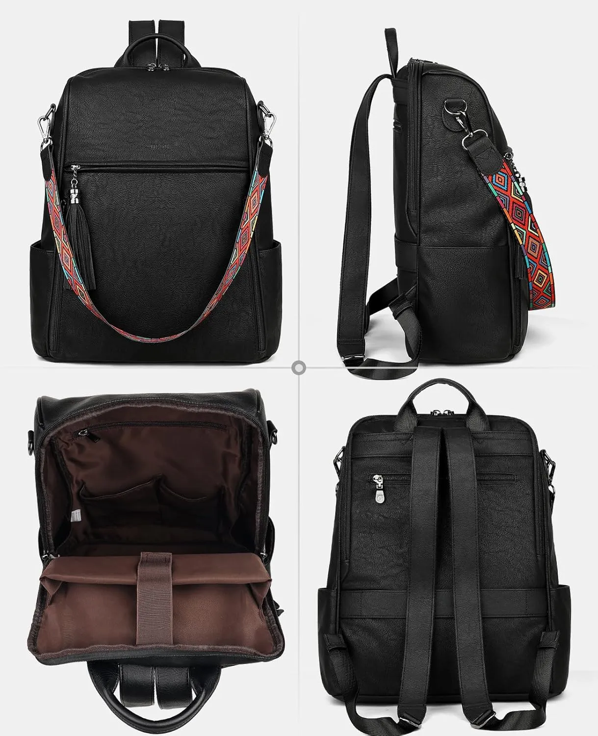 FADEON Leather Laptop Backpack for Women Designer 15.6 inch PU Laptop Bag, Ladies Travel Computer Work Backpack Black