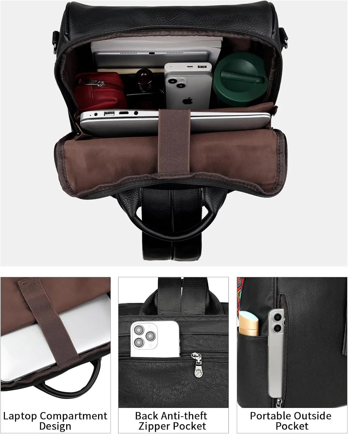 FADEON Leather Laptop Backpack for Women Designer 15.6 inch PU Laptop Bag, Ladies Travel Computer Work Backpack Black