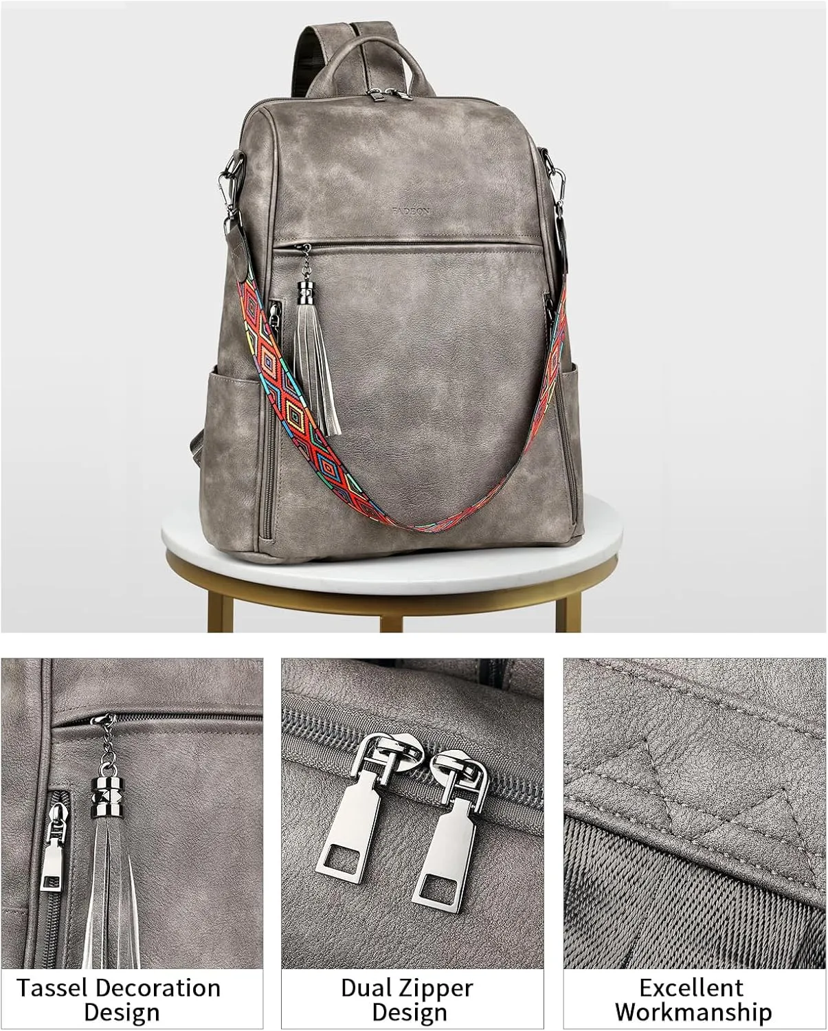 FADEON Leather Laptop Backpack for Women Designer 15.6 inch PU Laptop Bag, Ladies Travel Computer Work Backpack Grey