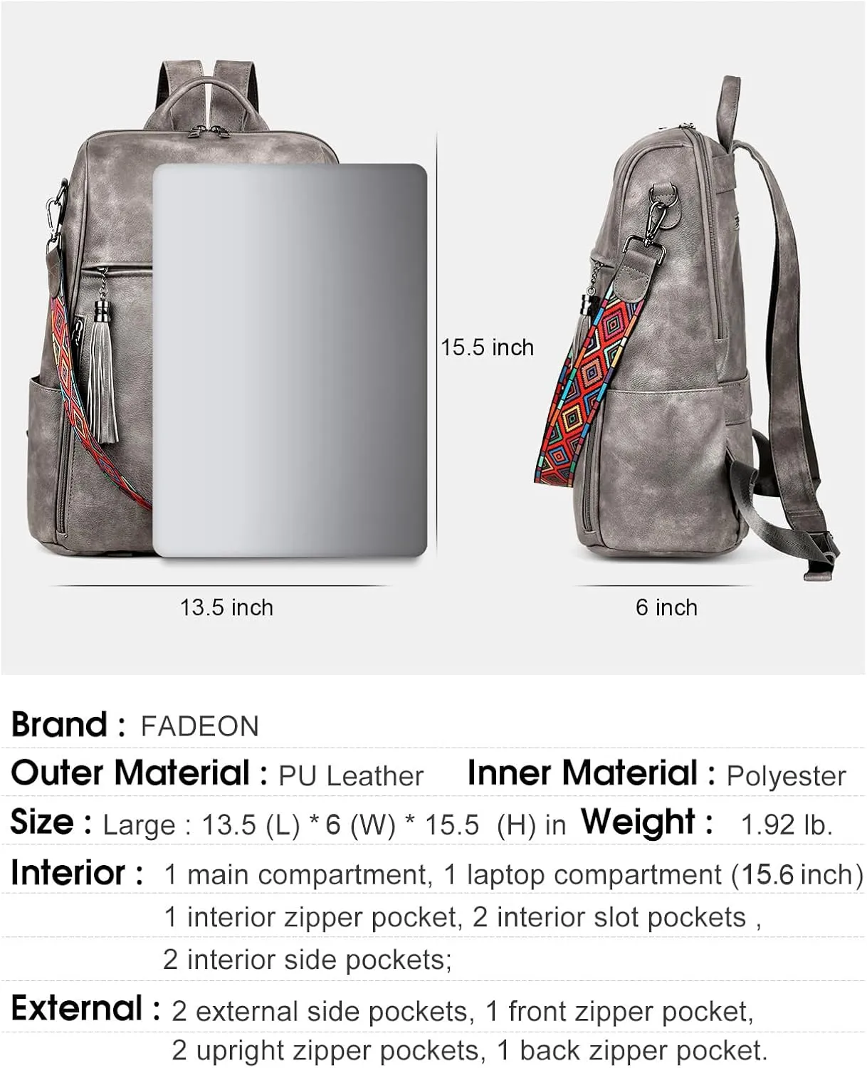 FADEON Leather Laptop Backpack for Women Designer 15.6 inch PU Laptop Bag, Ladies Travel Computer Work Backpack Grey