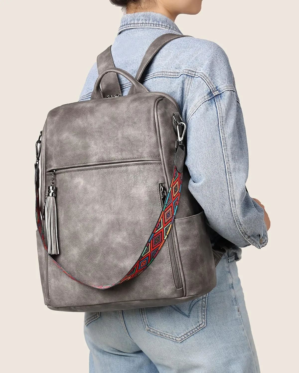 FADEON Leather Laptop Backpack for Women Designer 15.6 inch PU Laptop Bag, Ladies Travel Computer Work Backpack Grey