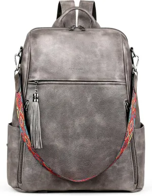 FADEON Leather Laptop Backpack for Women Designer 15.6 inch PU Laptop Bag, Ladies Travel Computer Work Backpack Grey