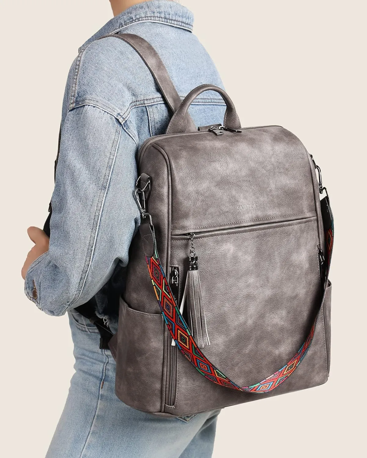 FADEON Leather Laptop Backpack for Women Designer 15.6 inch PU Laptop Bag, Ladies Travel Computer Work Backpack Grey