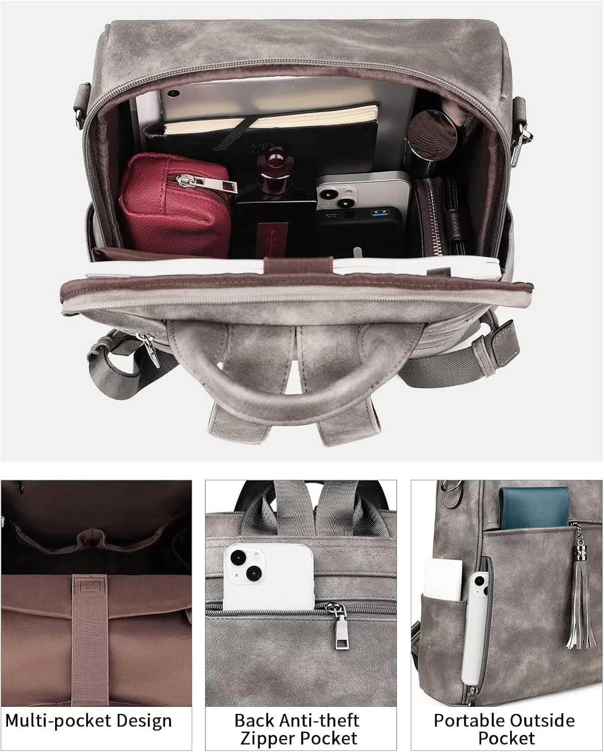 FADEON Leather Laptop Backpack for Women Designer 15.6 inch PU Laptop Bag, Ladies Travel Computer Work Backpack Grey