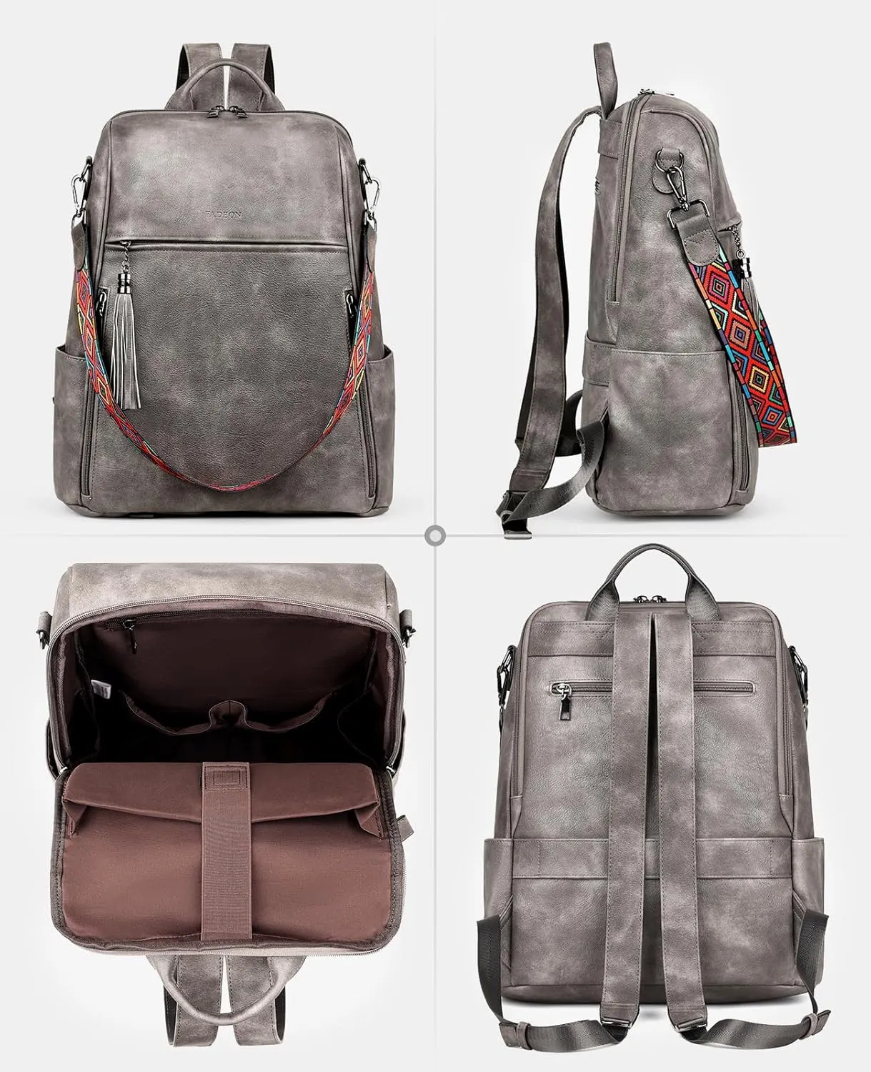 FADEON Leather Laptop Backpack for Women Designer 15.6 inch PU Laptop Bag, Ladies Travel Computer Work Backpack Grey