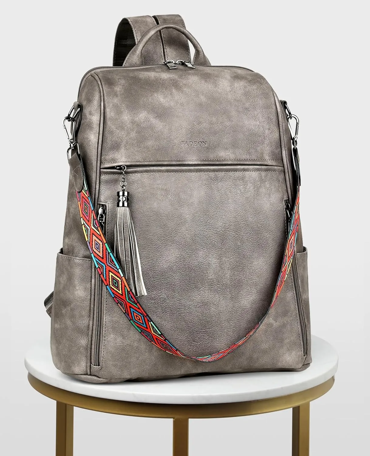 FADEON Leather Laptop Backpack for Women Designer 15.6 inch PU Laptop Bag, Ladies Travel Computer Work Backpack Grey