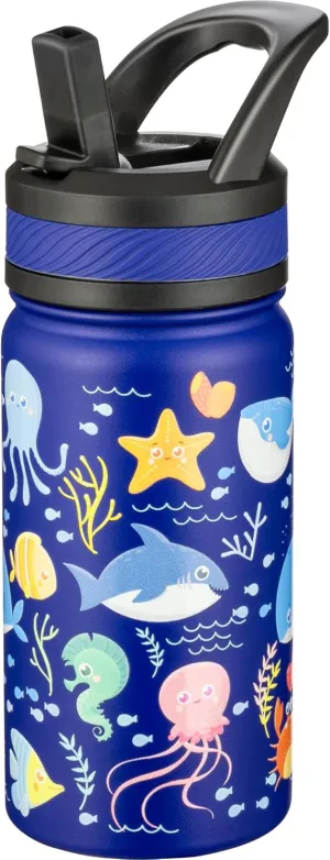 Fanhaw 14 Oz Kids Insulated Water Bottle with Straw - Stainless Steel Double Wall Vacuum Cup, Leakproof, BPA Free, Suitable for Boys and Girls(Blue - Ocean)