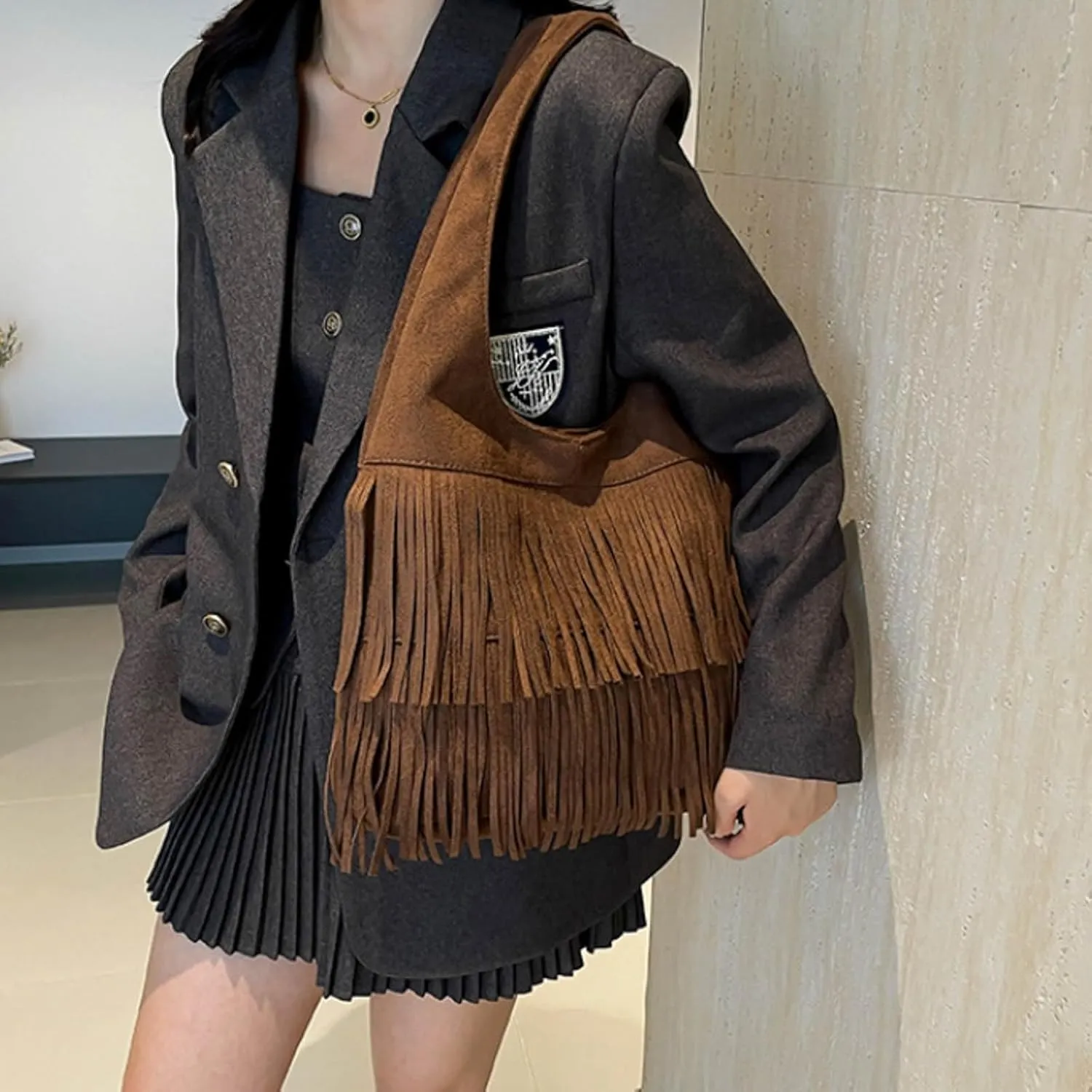 Fashionable Retro Classic Frosted Tassel Large Capacity Tote Shoulder Bag Shoulder Bag Messenger Bags (Coffee, One Size)