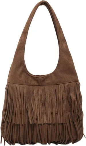 Fashionable Retro Classic Frosted Tassel Large Capacity Tote Shoulder Bag Shoulder Bag Messenger Bags (Coffee, One Size)