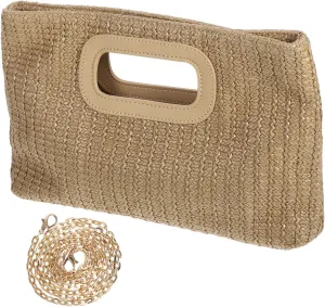 Fashionable Simulated Grass Woven Evening Bag Women's Shoulder Handbag Detachable Chain Rustic Hand Purse for Ladies