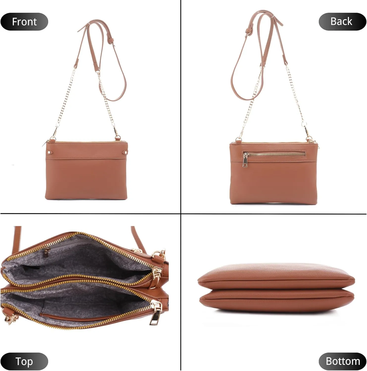 Faux Leather Crossbody Bag with Multiple Compartments, Detachable Chain Strap